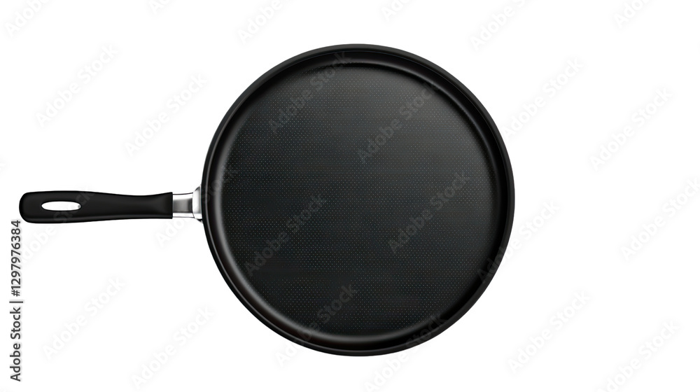 Empty Pan Overhead: A close-up, overhead shot of an empty, non-stick pan with a sleek black interior, showcasing its circular shape and ergonomic handle, ready for cooking. Empty Pan Overhead: A close-up, overhead shot of an empty, non-stick pan with a sleek black interior, showcasing its circular shape and ergonomic handle, ready for cooking.