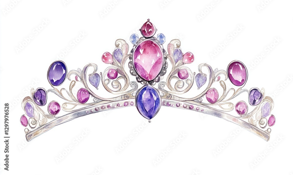 Fototapeta premium Watercolor tiara with purple, pink gemstones.