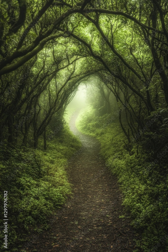 Fototapeta premium Mysterious woodland path enveloped by lush green foliage and sof