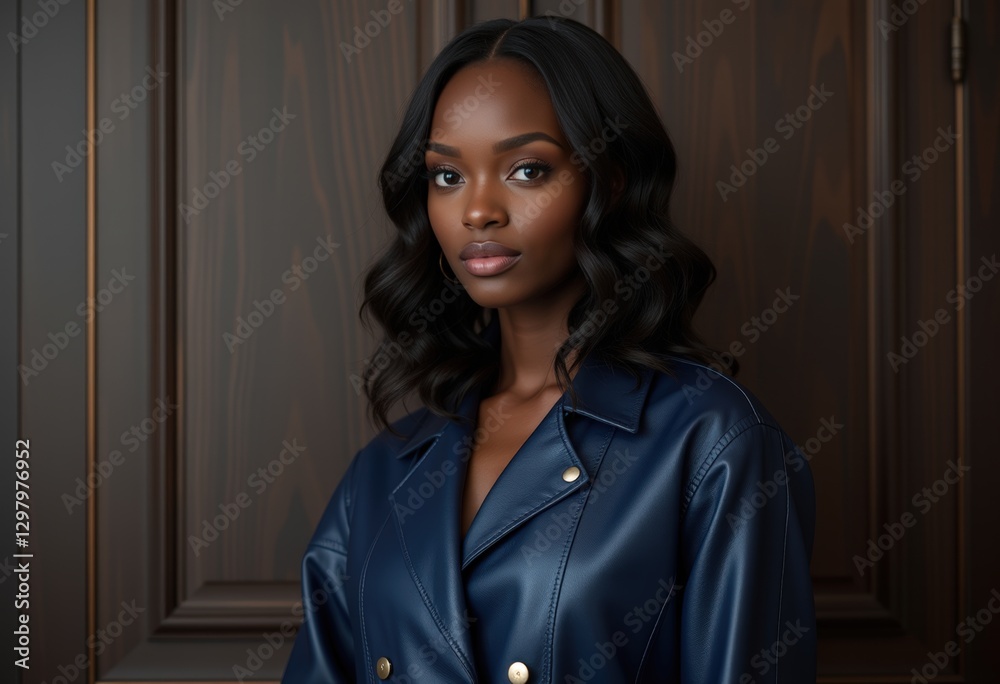 A woman in a dark blue leather jacket A woman in a dark blue leather jacket