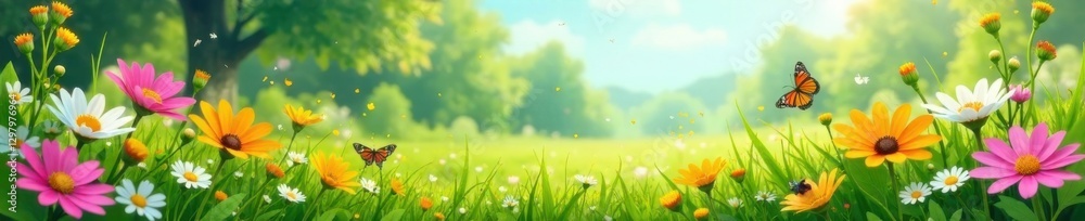 Fototapeta premium Lush summer meadow landscape with wildflowers and insects, meadow, bees, greenery