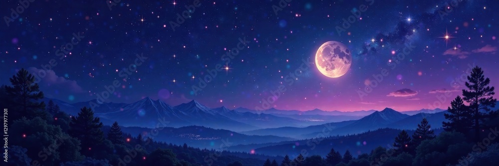 Naklejka premium Magical midnight scene with glowing stars, sparkles, and soft light, shimmer, stars, light