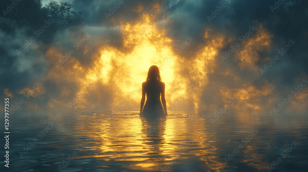 Back view of woman standing before the sea on a lonely afternoon the calm water reflects her emotions evoking solitude contemplation and inner reflection in a modern serene atmosphere

