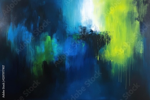 Abstract Painting In Blues Greens And Yellows Dynamic Brushstrokes Textured Canvas Vibrant Color Palette Contemporary Modern Artwork 2023 Painting