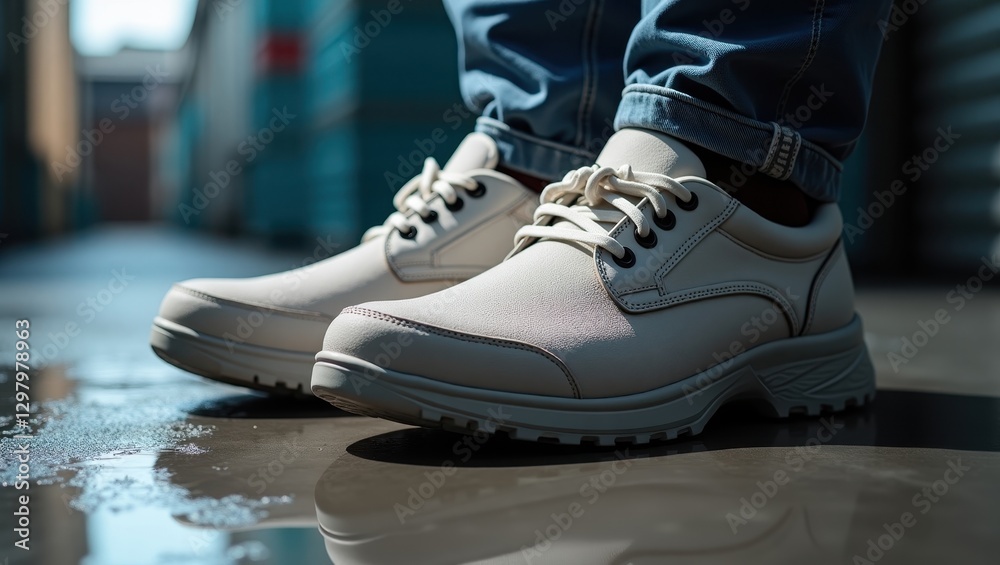Non-Slip Shoes. Shoes of person standing on wet surface Non-Slip Shoes. Shoes of person standing on wet surface