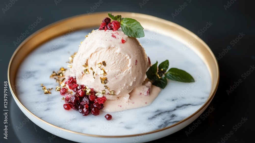 Ice cream with an expensive presentation: on a marble plate next to gold decor. Ice cream with an expensive presentation: on a marble plate next to gold decor.