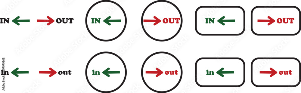 IN OUT arrow icons set. Simple arrow big vector collection isolated on transparent background. Red or green street sign with flat arrow pointing right and left signboard on road for pointing direction IN OUT arrow icons set. Simple arrow big vector collection isolated on transparent background. Red or green street sign with flat arrow pointing right and left signboard on road for pointing direction