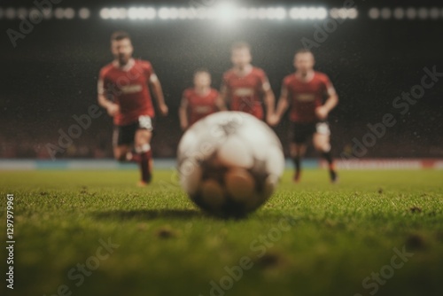 Intense football match captured with players rushing towards bal