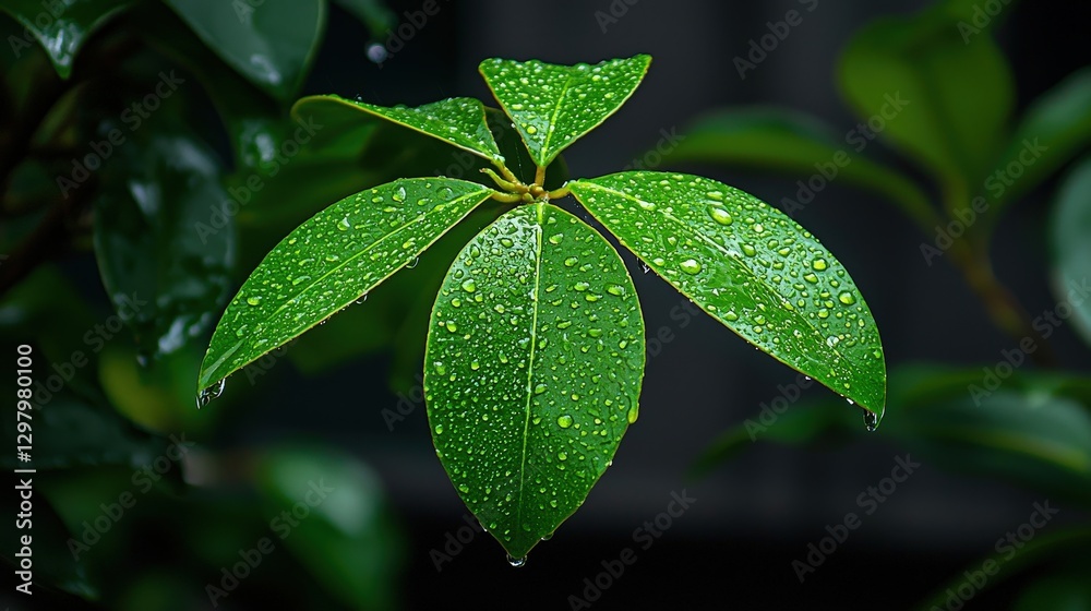 Green leaves with water droplets in nature against blurred background Green leaves with water droplets in nature against blurred background