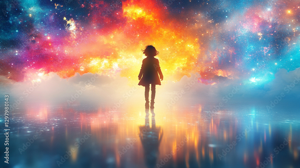 Back view silhouette of woman in open-back skinny dress standing in glowing 3D space multiverse galaxy symbolizing digital journey through realms of energy matter countless modern stories
Back view silhouette of woman in open-back skinny dress standing in glowing 3D space multiverse galaxy symbolizing digital journey through realms of energy matter countless modern stories