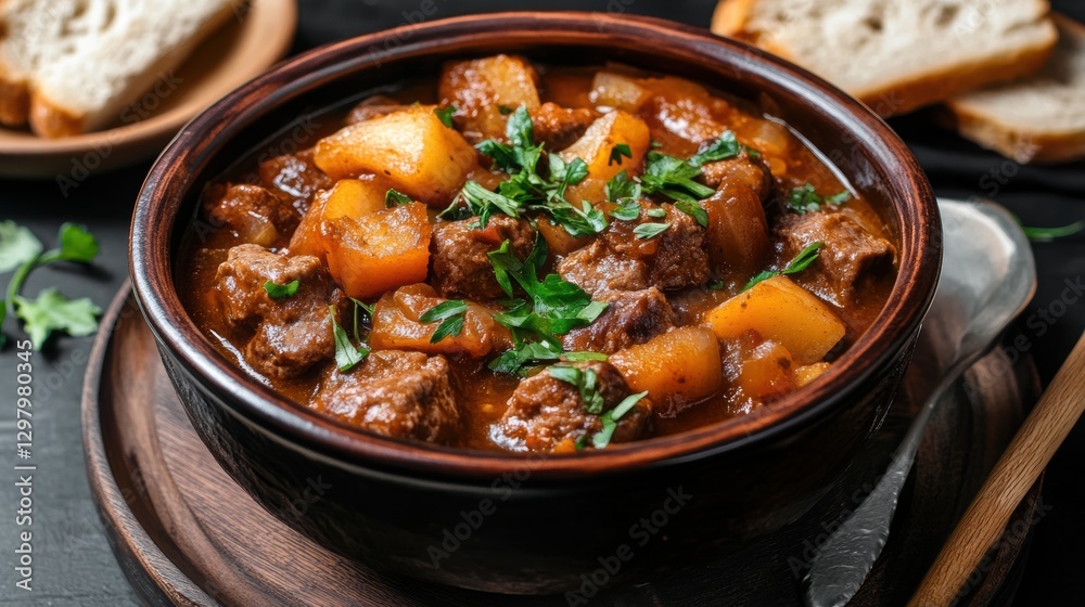 Irish stew in a clay pot with bread. Irish stew in a clay pot with bread.