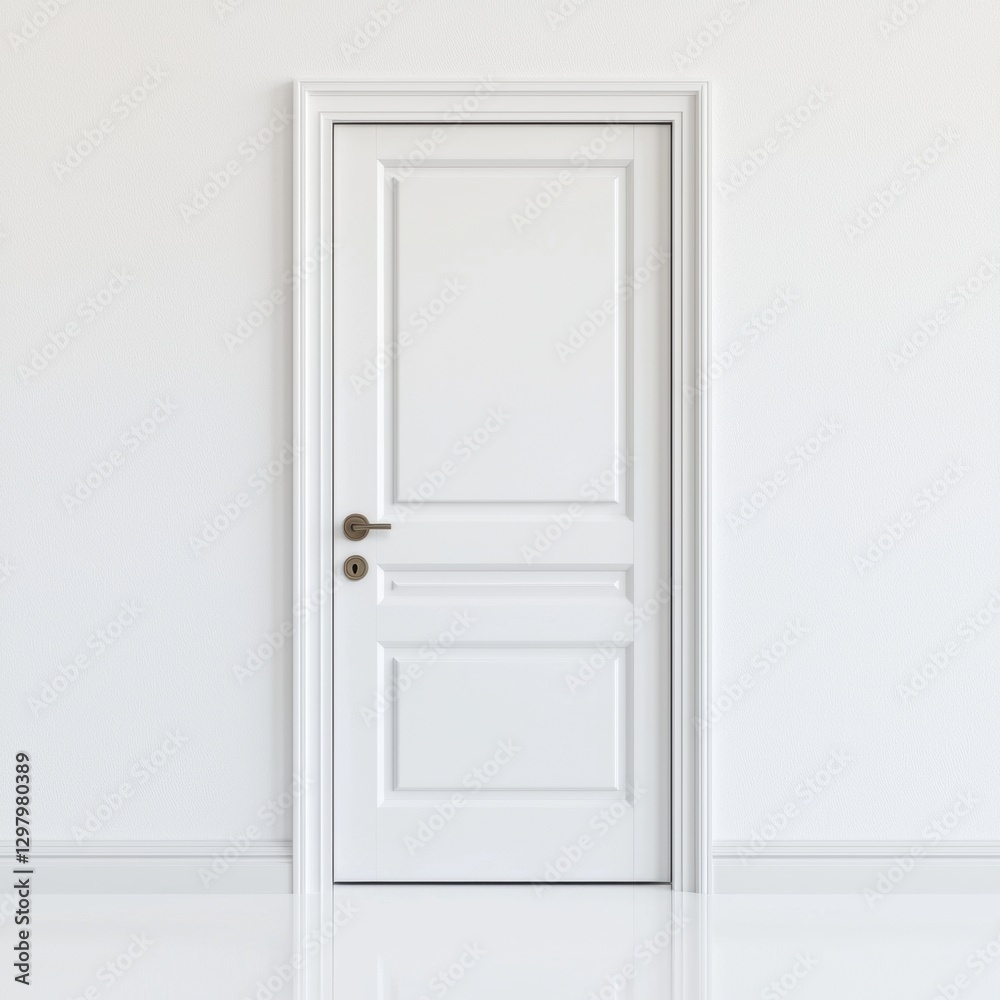 A simple, modern white door stands against a plain white wall, creating a minimalist aesthetic with clean lines and a polished finish. A simple, modern white door stands against a plain white wall, creating a minimalist aesthetic with clean lines and a polished finish.