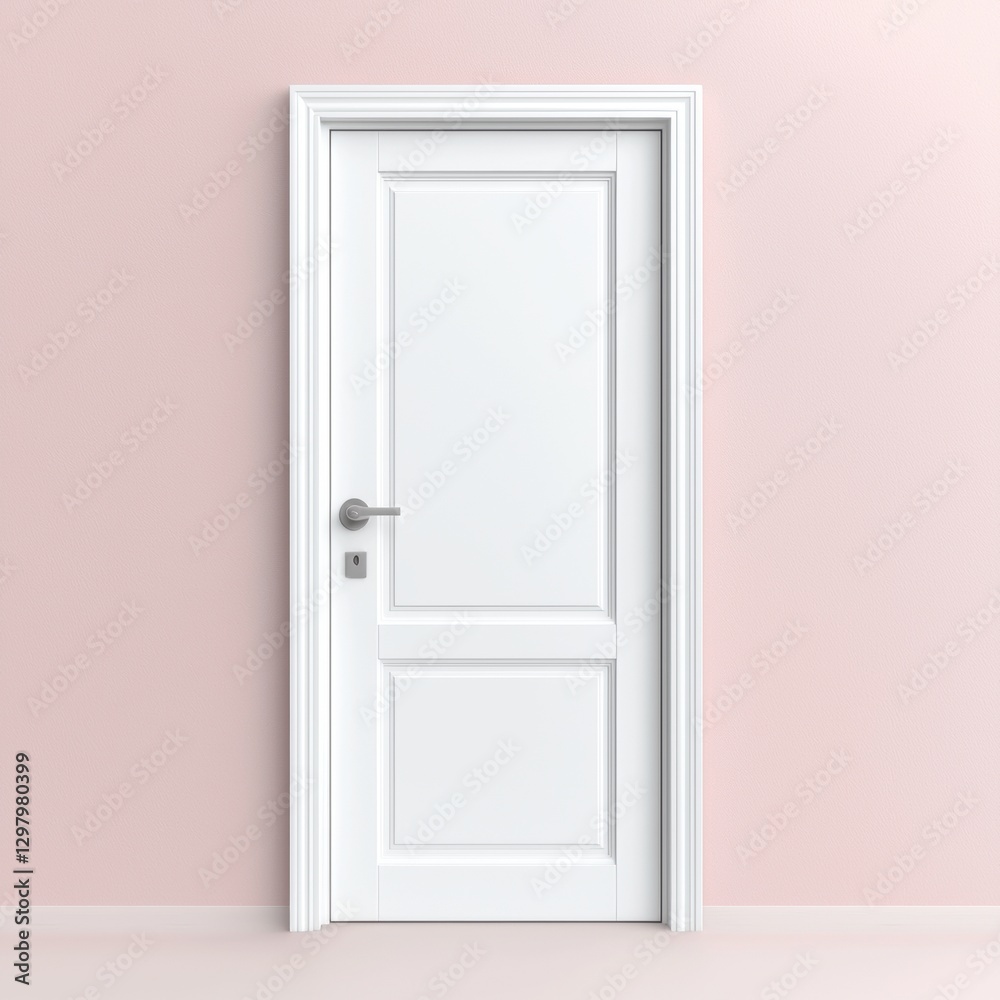 A minimalist white door stands against a soft pink wall, creating a modern and elegant aesthetic. A minimalist white door stands against a soft pink wall, creating a modern and elegant aesthetic.