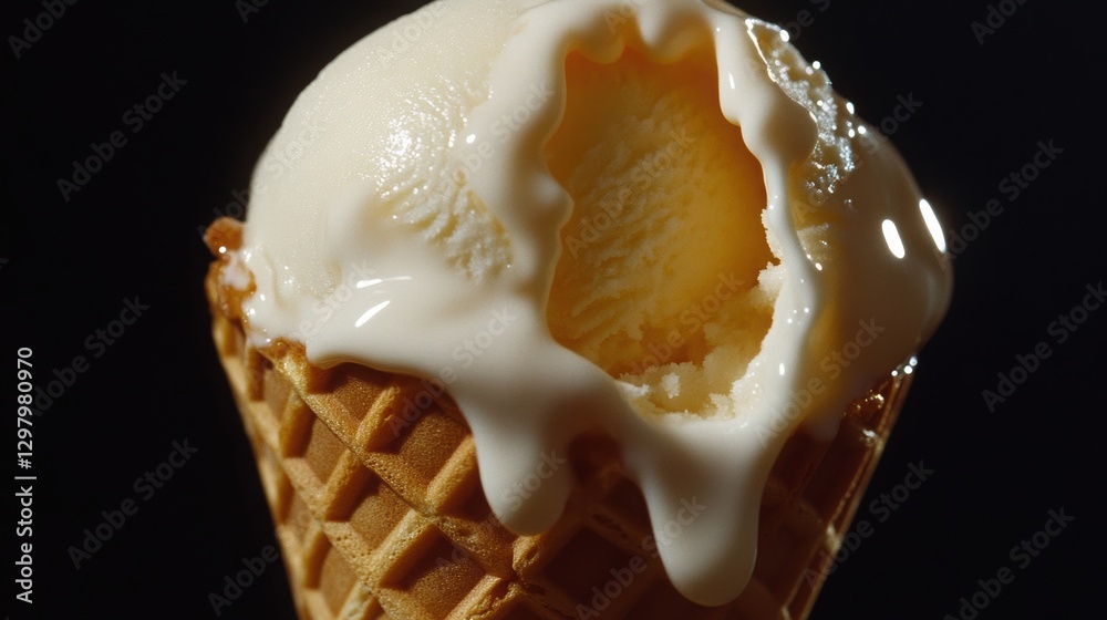 Melting ice cream dripping down a waffle cone. Melting ice cream dripping down a waffle cone.