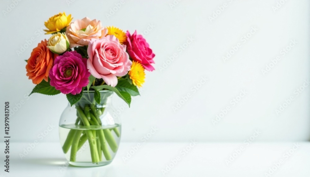 Obraz premium Mixed flowers in glass vase on plain white surface, arrangements, decorative, petals
