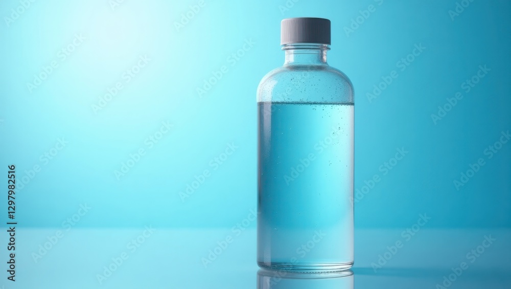 Saline. Bottle is filled with water and is sitting on table Saline. Bottle is filled with water and is sitting on table