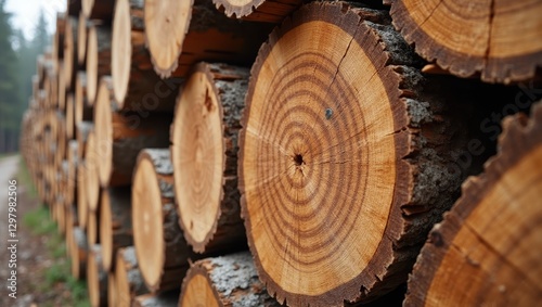 Stere. Logs are stacked up on side of road