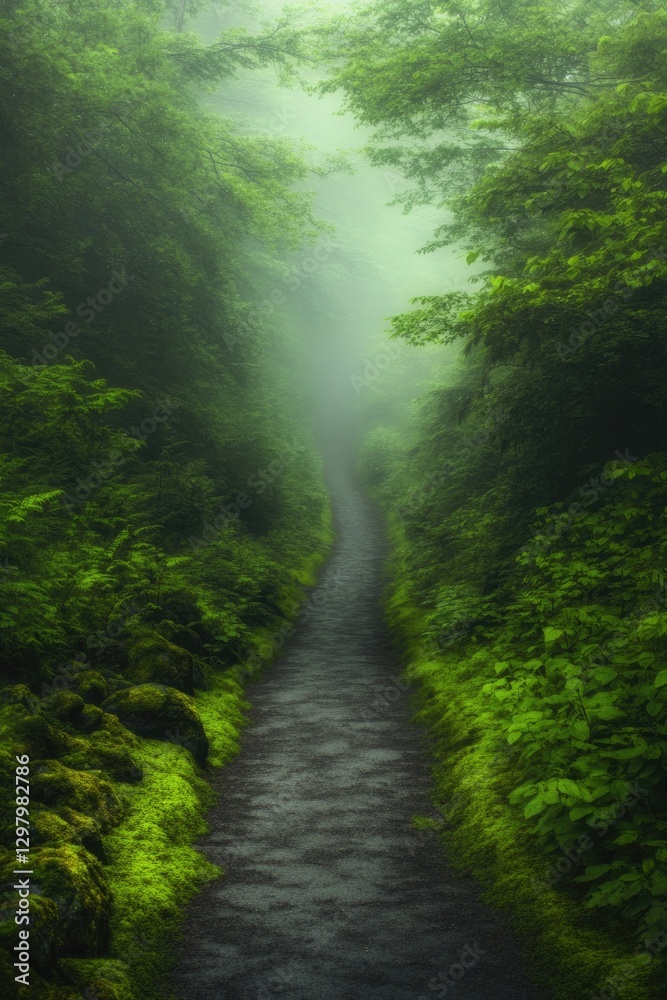 Obraz premium Winding path through lush greenery enveloped in mystical fog, in