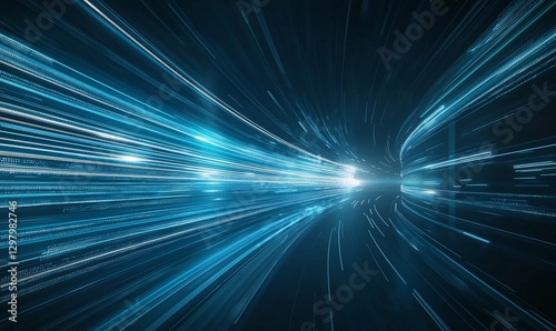 A captivating visual representation of speed and motion featuring dynamic blue light trails zooming forward, ideal for illustrating concepts of technology, innovation, and energy.