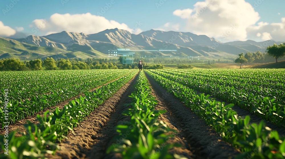 Modern Agriculture with Digital Technology Overlay, A lush green agricultural field with rows of crops under a clear blue sky Modern Agriculture with Digital Technology Overlay, A lush green agricultural field with rows of crops under a clear blue sky