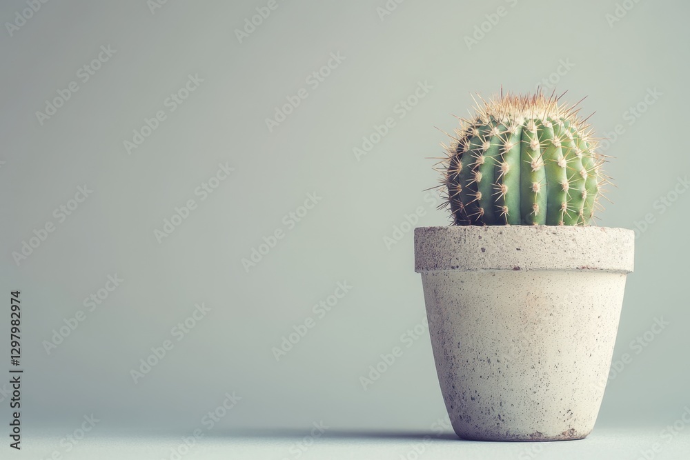 A small green cactus plant sits within a concrete pot A small green cactus plant sits within a concrete pot