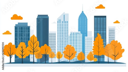 Modern city skyline with autumn trees vector illustration with blue building autumn trees for banner backgrounds and poster designs