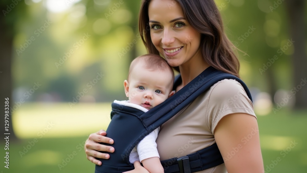 Sling Baby Carrier. Woman is holding baby in sling in park Sling Baby Carrier. Woman is holding baby in sling in park