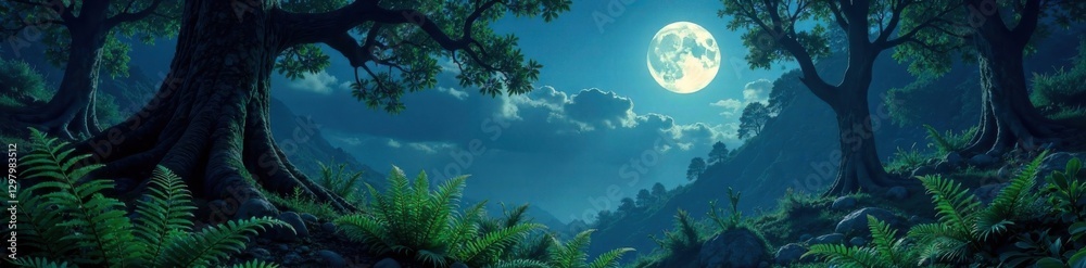 Fototapeta premium Moonlit forest with ferns and ancient trees, forest, moonlight, mystery
