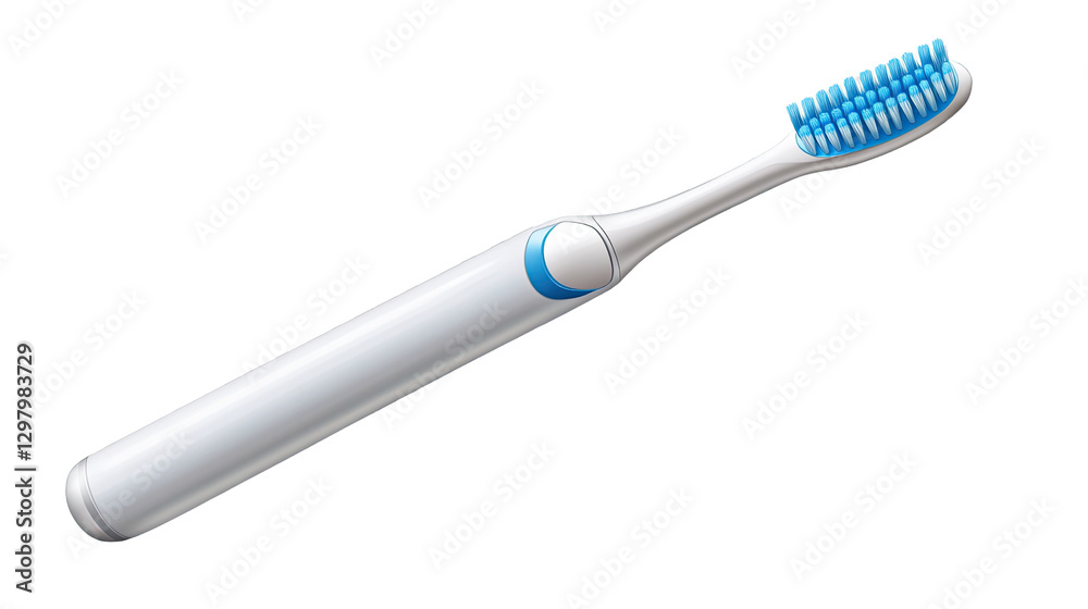 Electric Toothbrush Close-up: A sleek, white electric toothbrush with bright blue bristles is shown in a close-up studio shot, highlighting its modern design and clean lines. Electric Toothbrush Close-up: A sleek, white electric toothbrush with bright blue bristles is shown in a close-up studio shot, highlighting its modern design and clean lines.
