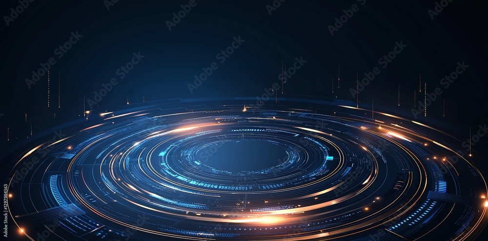 Fototapeta premium A dynamic abstract background featuring glowing circles in blue and orange hues, representing digital innovation and futuristic design elements.
