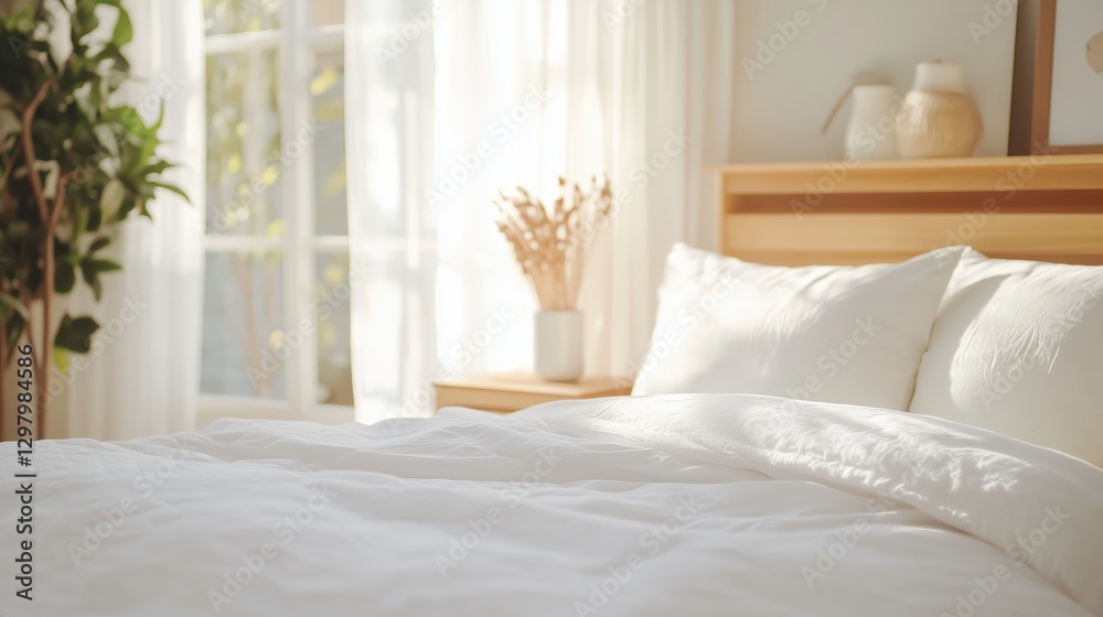 Fototapeta premium Cozy bedroom with natural light illuminating a neatly made bed surrounded by soft decor and greenery in a peaceful atmosphere