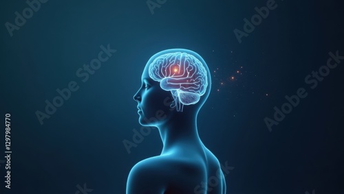 Transcranial Magnetic Stimulation. Brain is highlighted by glowing red light