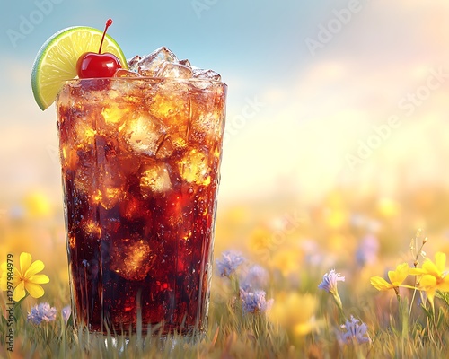 Iced soda, sunset field, summer drink