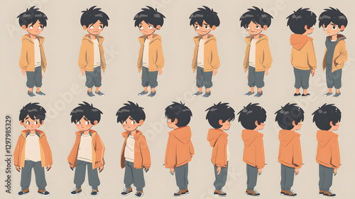 Cartoon boy character constructor set in different poses, front, back, and side views.