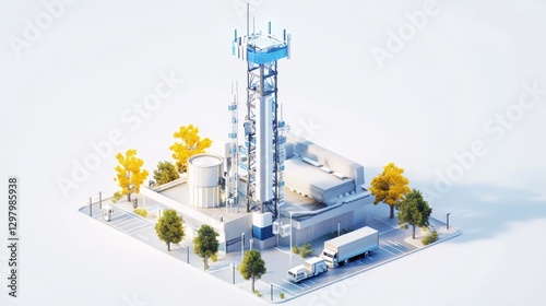 A modern telecommunications tower surrounded by greenery, featuring a storage facility and a service truck, illustrating connectivity and technology.