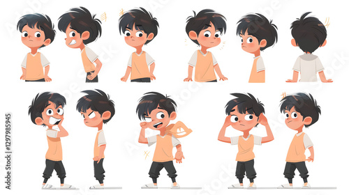 Cartoon boy character constructor set in different poses, front, back, and side views.