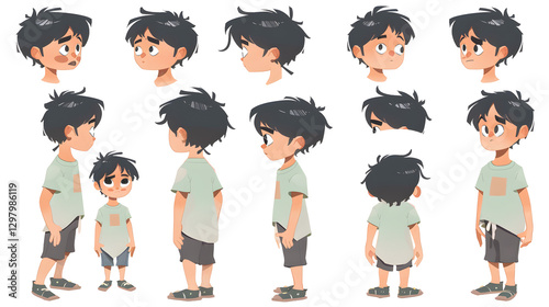 Cartoon boy character constructor set in different poses, front, back, and side views.
