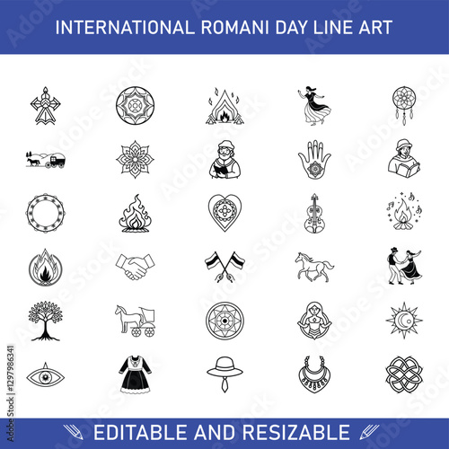 International Romani Day Line Art Icons, Culture, Heritage, Traditions