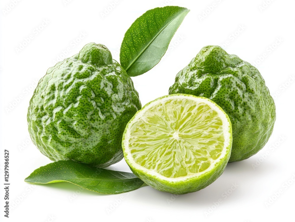 Whole and Half Bergamot Fruit with Leaf Isolated on White Background for Stock Photo Use Whole and Half Bergamot Fruit with Leaf Isolated on White Background for Stock Photo Use