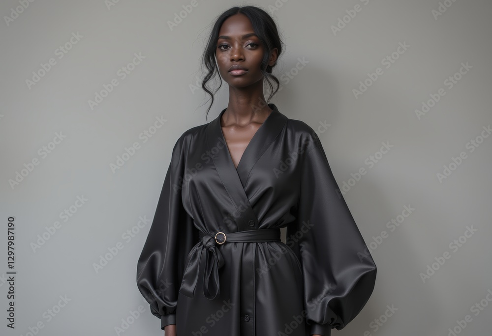 Naklejka premium Woman in black satin robe with belt and minimalist earrings