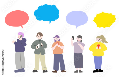スマートフォンを持つ人々　全身　吹き出し