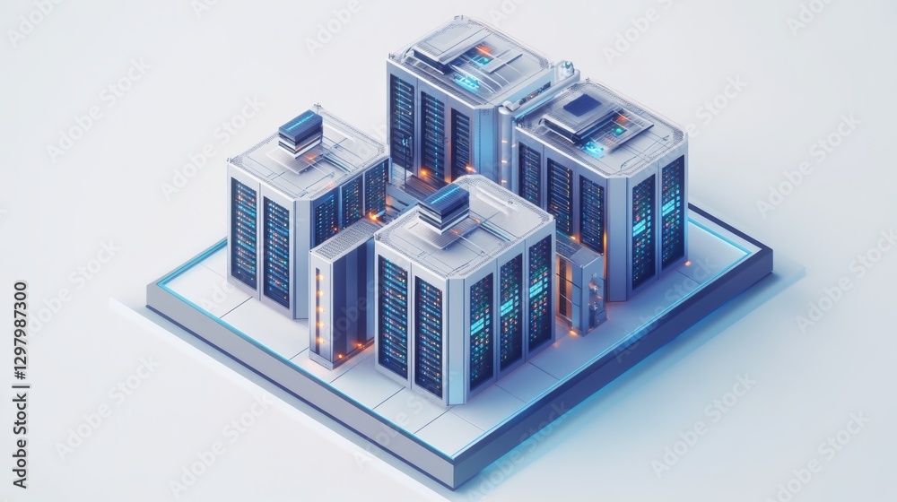 Fototapeta premium A modern, stylized data center featuring multiple server buildings with illuminated elements, set against a clean, minimalist background.