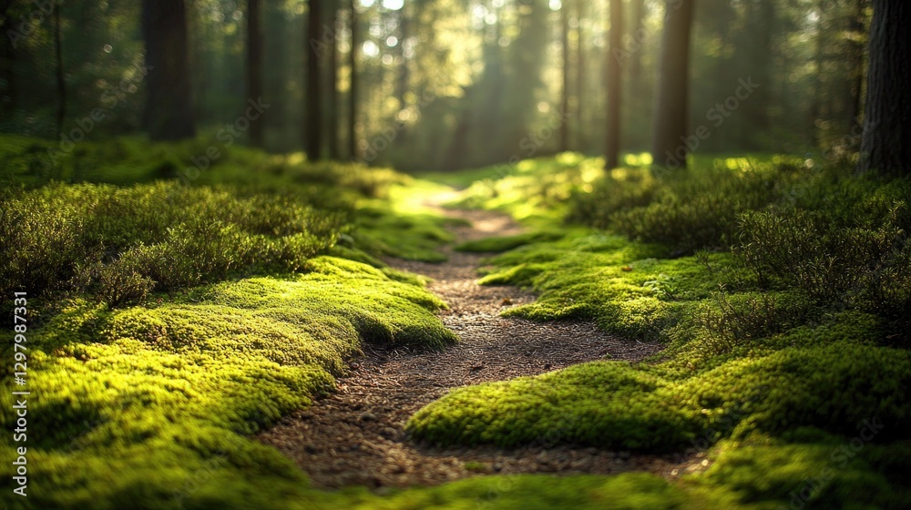 Lush green forest path illuminated by soft sunlight creates tran Lush green forest path illuminated by soft sunlight creates tran