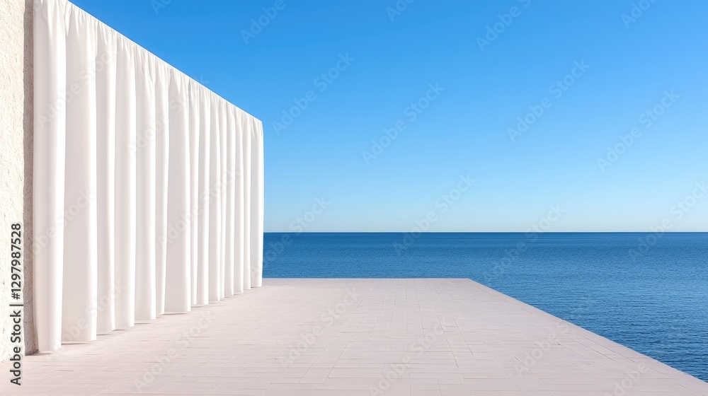 Fototapeta premium Oceanfront patio with white curtain, sunny day