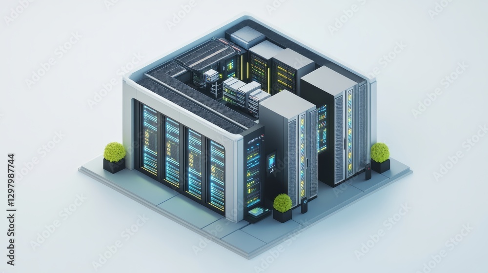 Obraz premium A modern data center illustration featuring multiple server racks, cooling systems, and a clean, futuristic design.