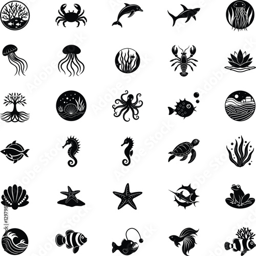 Ocean Life Icons Marine Animals, Plants, and Underwater Scenes