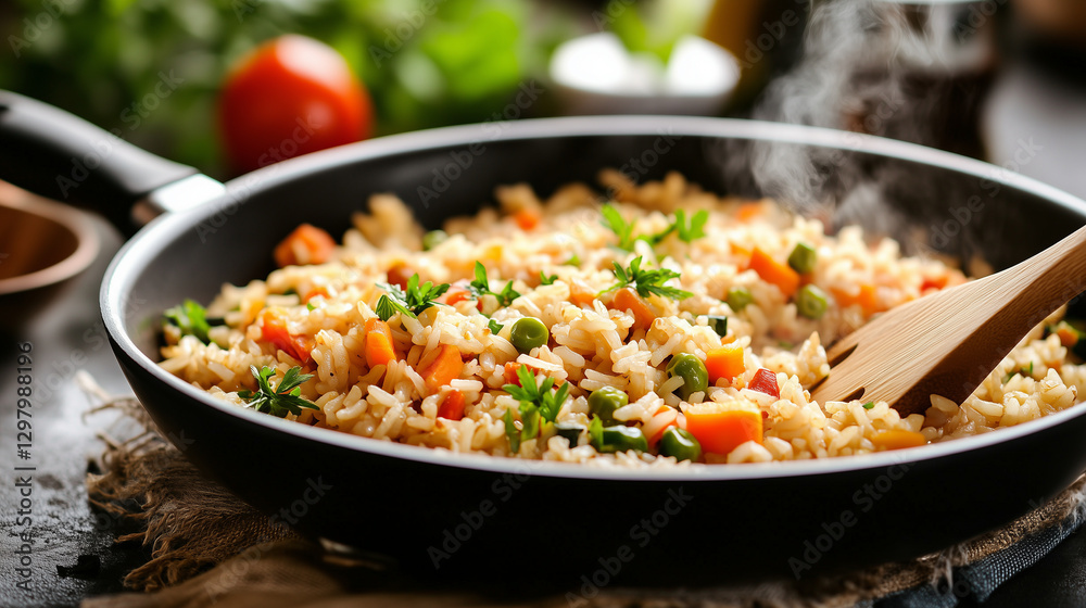 Preparing pilaf in a large frying pan with rice and vegetables, steam rising from the hot dish in a cozy home kitchen. preparing pilaf, rice and vegetables, home kitchen pilaf, ste Preparing pilaf in a large frying pan with rice and vegetables, steam rising from the hot dish in a cozy home kitchen. preparing pilaf, rice and vegetables, home kitchen pilaf, ste