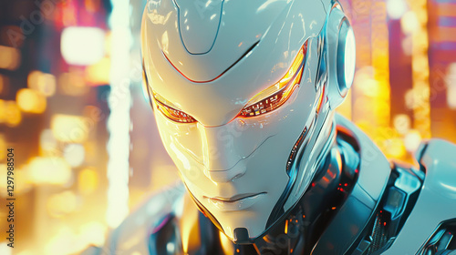 A futuristic humanoid robot with a sleek white exoskeleton and glowing orange cybernetic eyes stands against a vibrant cityscape, reflecting neon lights and advanced technology