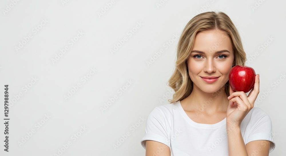 Young Woman Holding Red Apple Smiling on White Background for Healthy Eating Young Woman Holding Red Apple Smiling on White Background for Healthy Eating