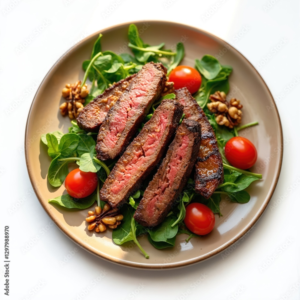 Top view of grilled beef steak salad with tomatoes, walnuts, greens. Healthy lunch dinner with tasty mixed vegetables. Gourmet dish, restaurant meal concept. Top view of grilled beef steak salad with tomatoes, walnuts, greens. Healthy lunch dinner with tasty mixed vegetables. Gourmet dish, restaurant meal concept.